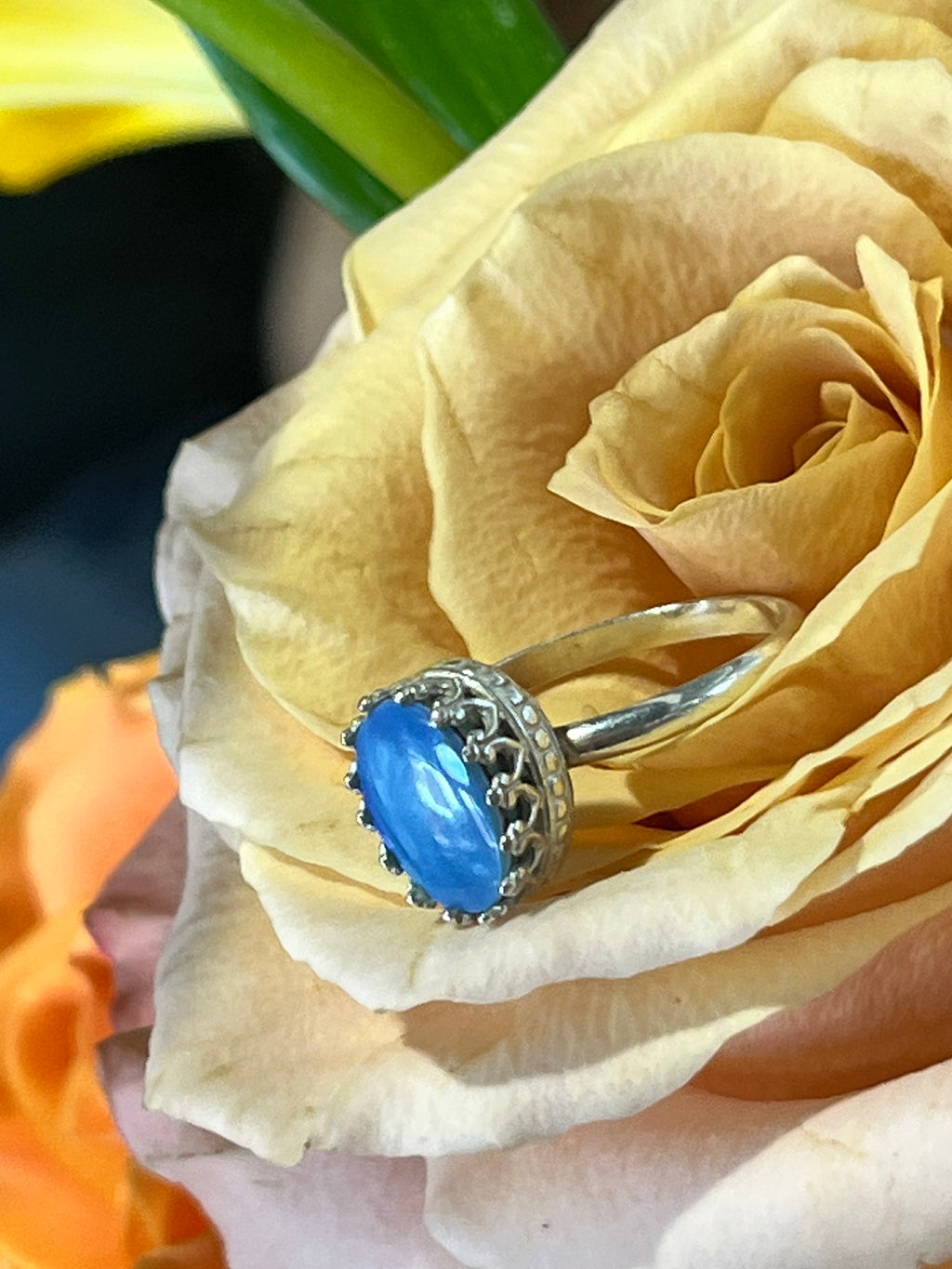 Blue fire opal ring